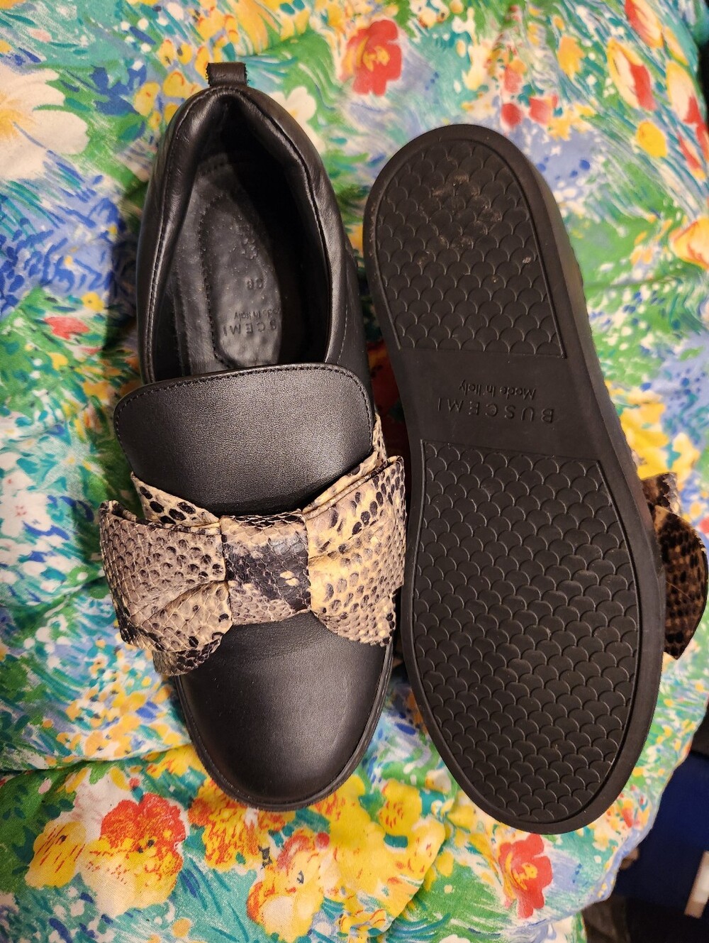 Buscemi Black Leather Slip-On Mules with Snake-Print Bow Sz38